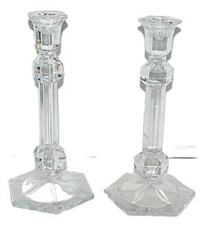 Vtg Pair Clear Glass Hexagonal Base Taper Candlestick Holders Paneled Elegant